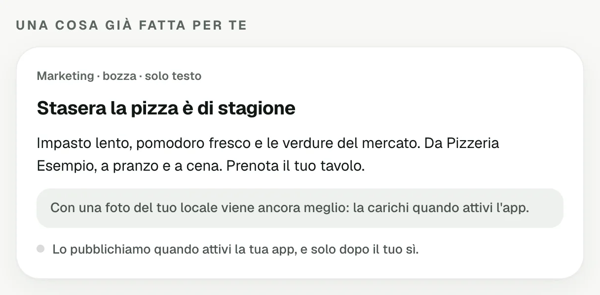 Il post già pronto dell'Attività di esempio, in bozza: si pubblica solo dopo il tuo sì.
